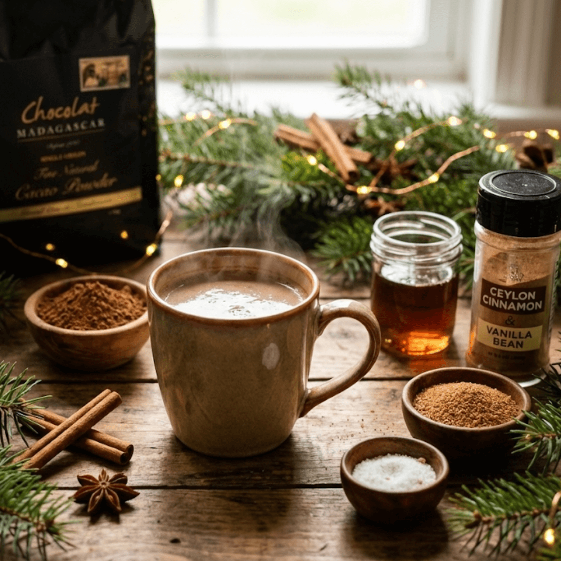 Velvety hot cocoa recipe featuring single origin non-alkalized Madagascar cacao, coconut sugar, and spices on a rustic wooden table with winter holiday atmosphere.